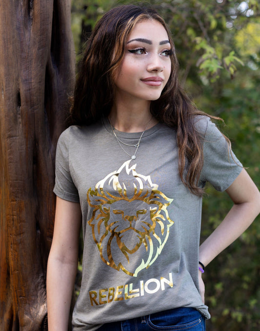 Womens Gold Foil Rebel Lion Relaxed Triblend Tee - Olive