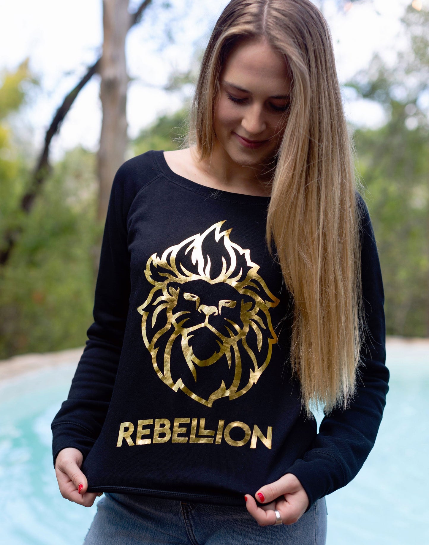Womens Gold Foil Rebel Lion Wide Boat Neck Sweatshirt - Black
