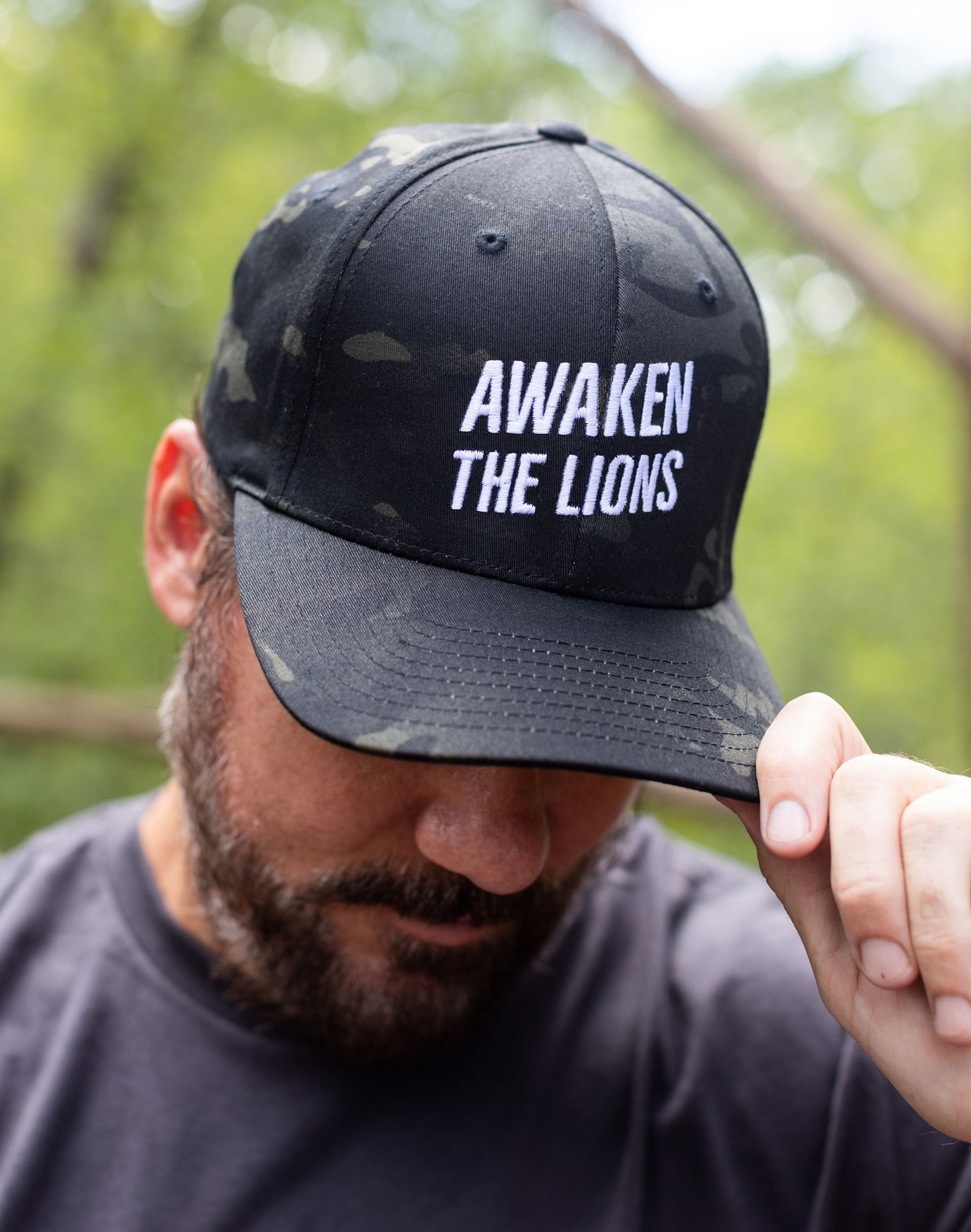 Awaken The Lions Embroidered Flexfit Hat - Black Camo - Sm/Med