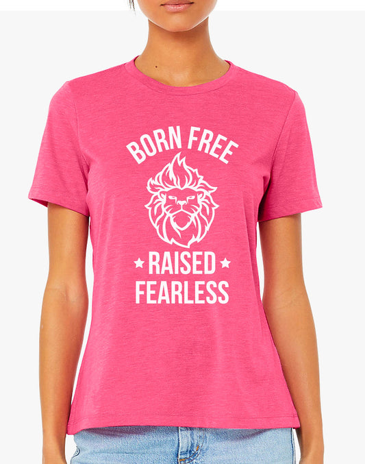 Womens Born Free Raised Fearless Relaxed Triblend Tee - Charity Pink