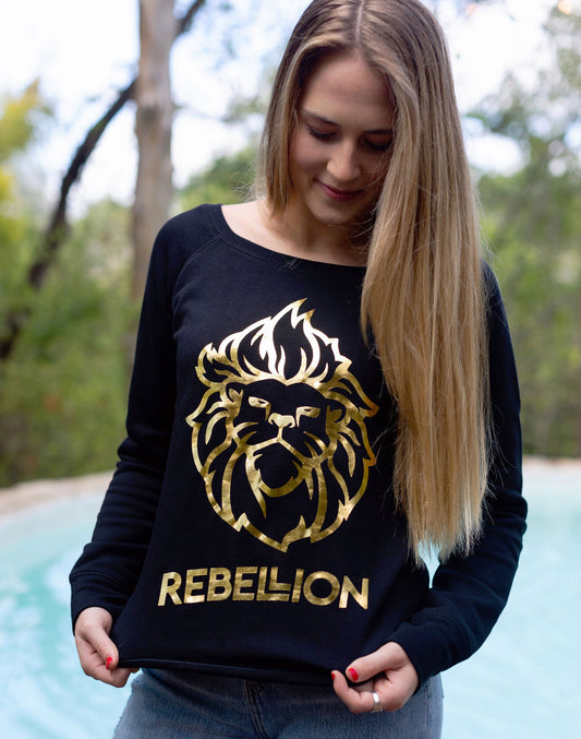 Womens Gold Foil Rebel Lion Wide Neck Sweatshirt - Black