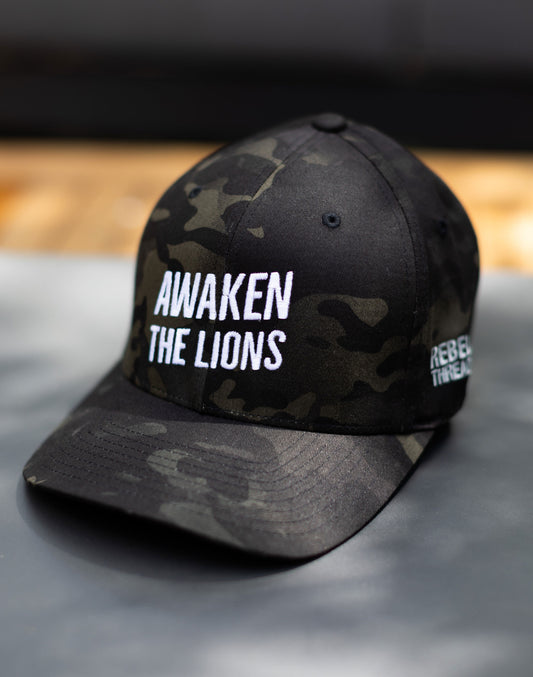 Awaken The Lions Embroidered Flexfit Hat - Black Camo - Sm/Med