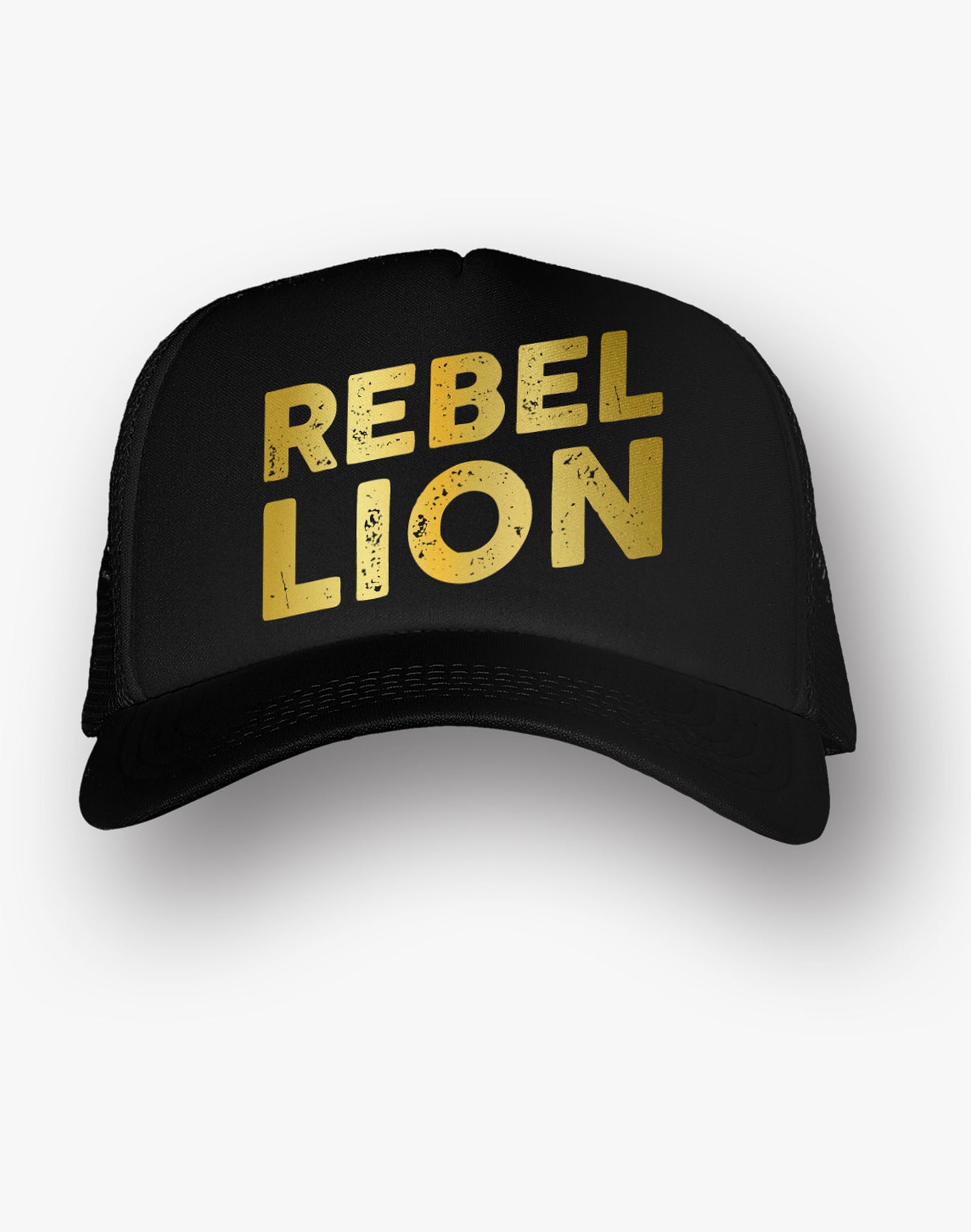 Rebel Lion Stacked Gold Foil Black Trucker Hat