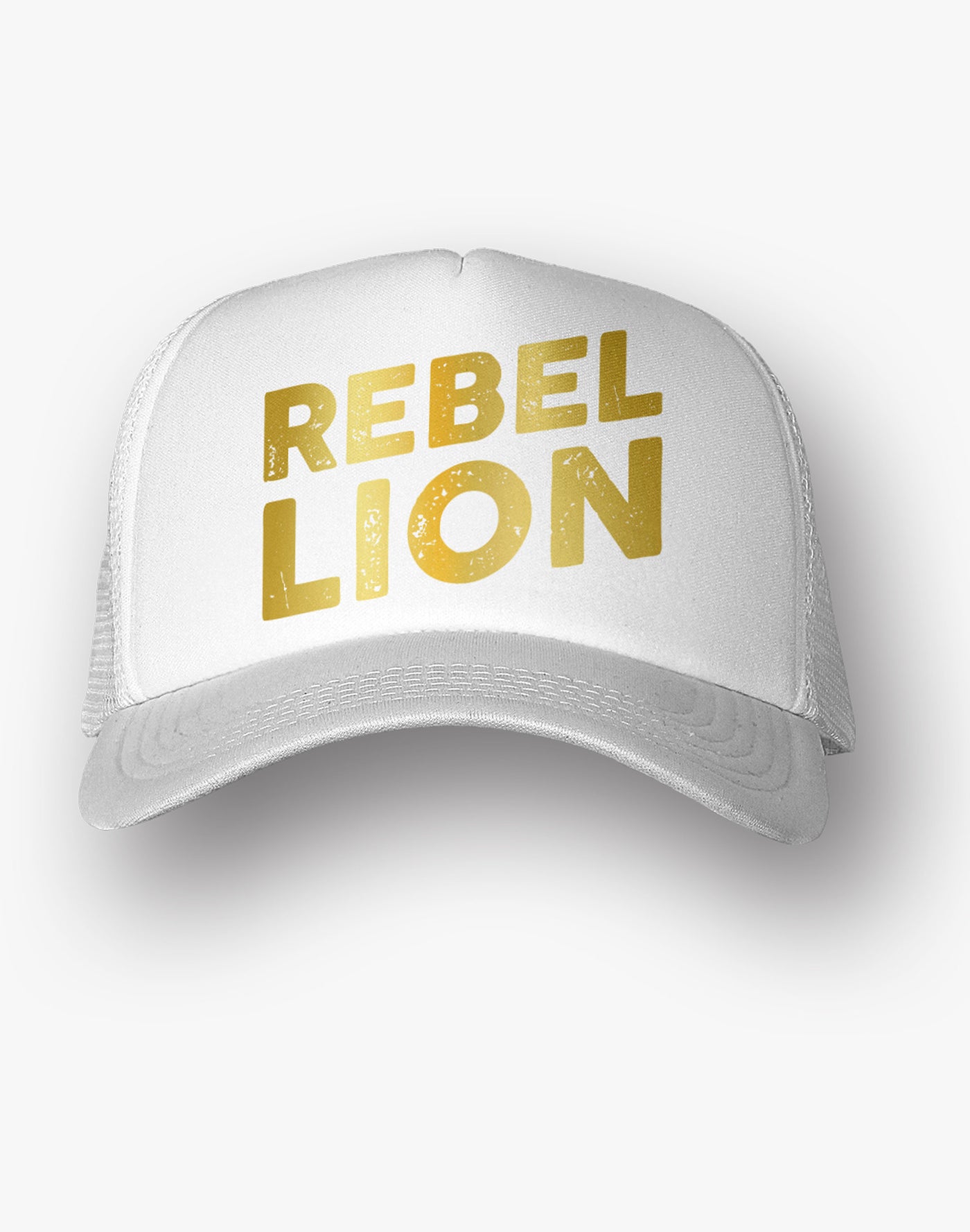 Rebel Lion Stacked Gold Foil White Trucker Hat