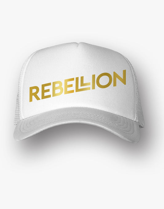 Rebellion Gold Foil Foam Snapback Trucker Hat - White