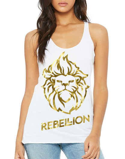 Womens Gold Foil Rebel Lion Racerback Triblend Tank - White