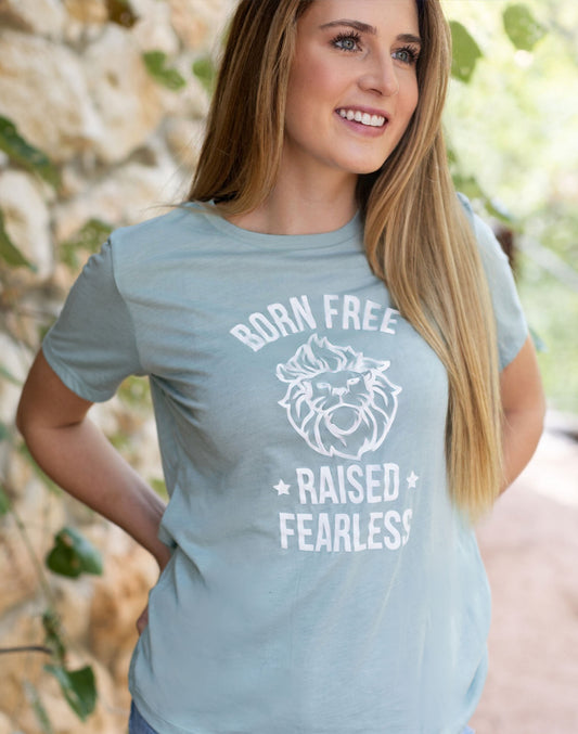 Womens Born Free Raised Fearless Relaxed Triblend Tee - Dusty Blue