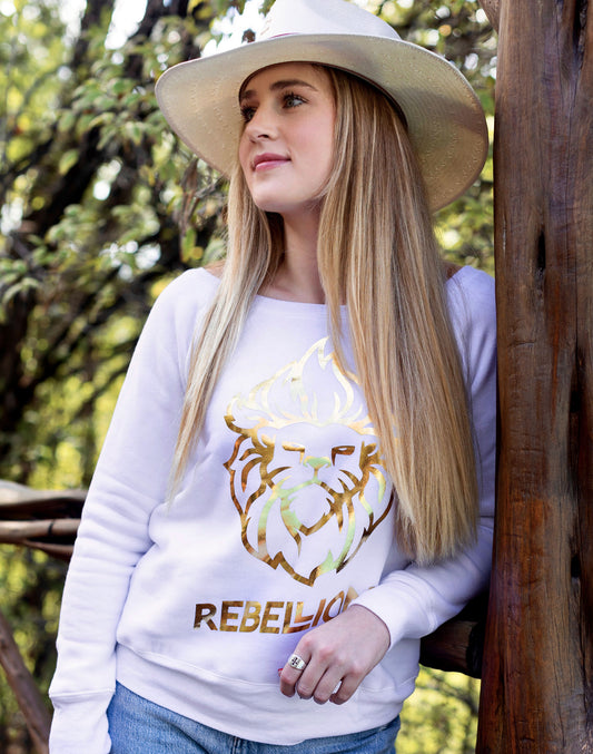 Womens Gold Foil Rebel Lion Wide Boat Neck Sweatshirt - White
